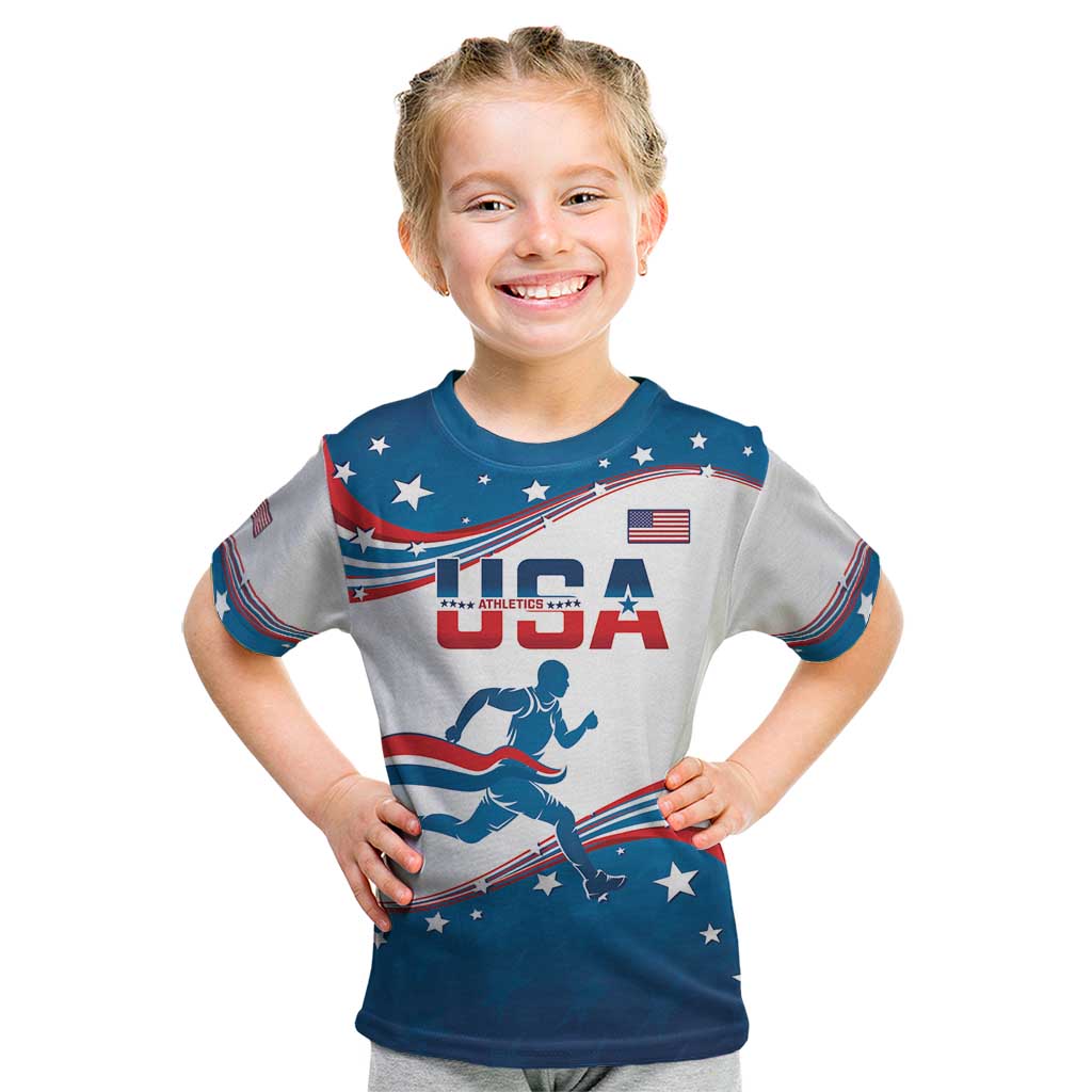 Custom USA Athletics Kid T Shirt 2024 United States Flag Curve Style - Wonder Print Shop