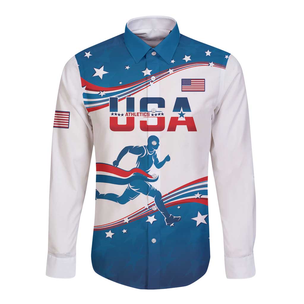 Custom USA Athletics Long Sleeve Button Shirt 2024 United States Flag Curve Style - Wonder Print Shop