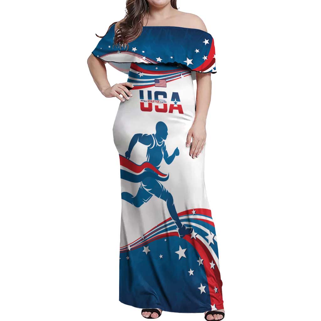 Custom USA Athletics Off Shoulder Maxi Dress 2024 United States Flag Curve Style - Wonder Print Shop