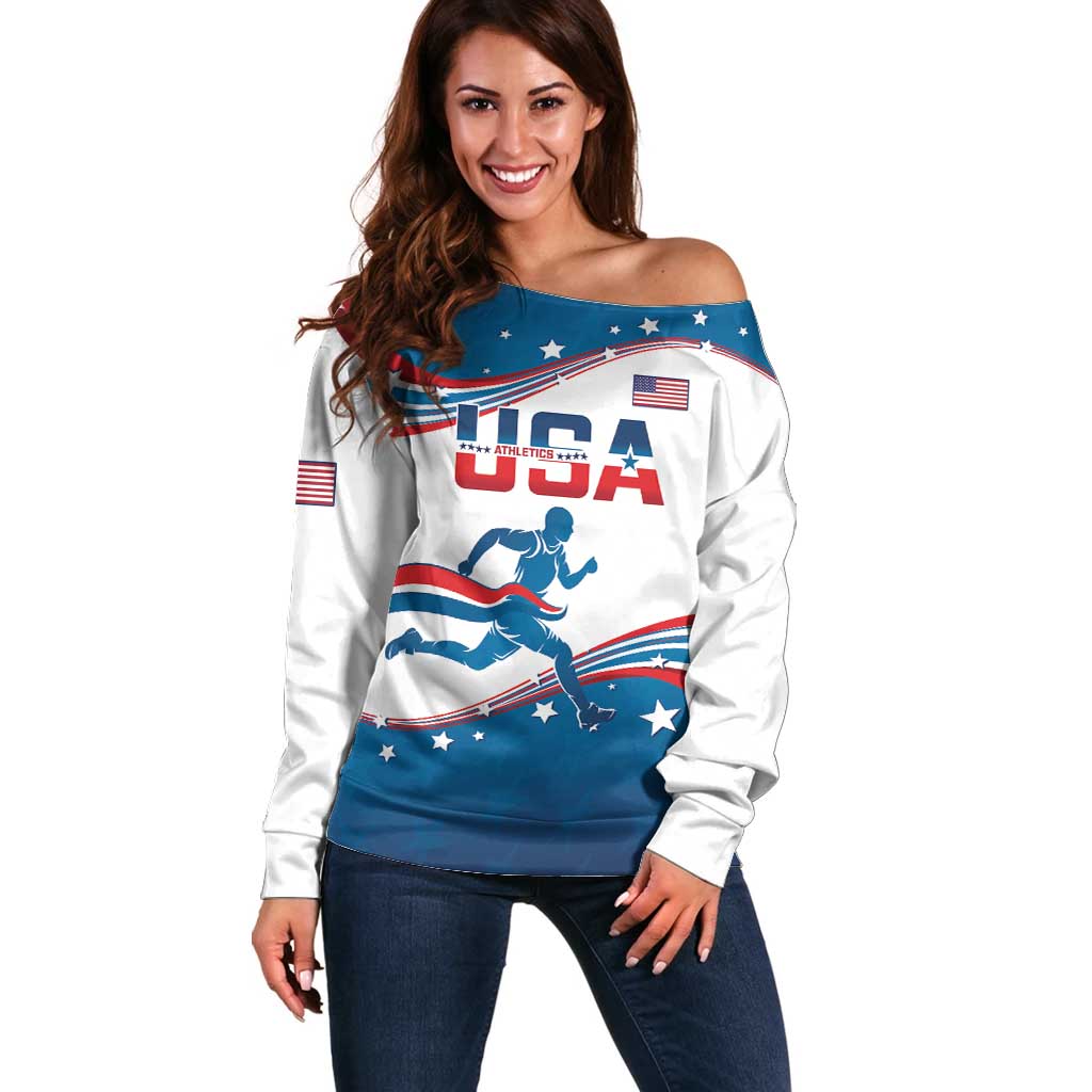 Custom USA Athletics Off Shoulder Sweater 2024 United States Flag Curve Style - Wonder Print Shop