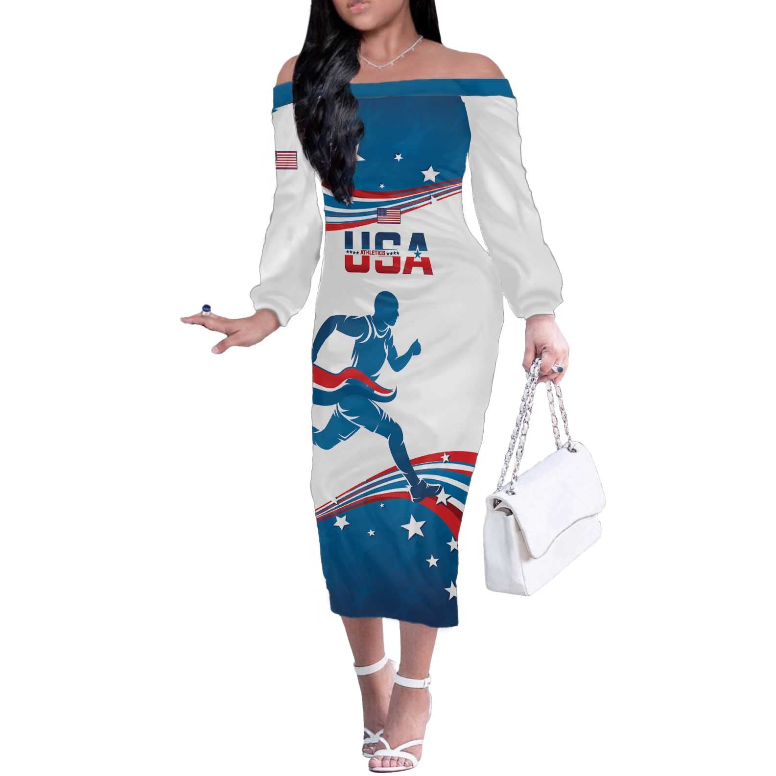 Custom USA Athletics Off The Shoulder Long Sleeve Dress 2024 United States Flag Curve Style - Wonder Print Shop