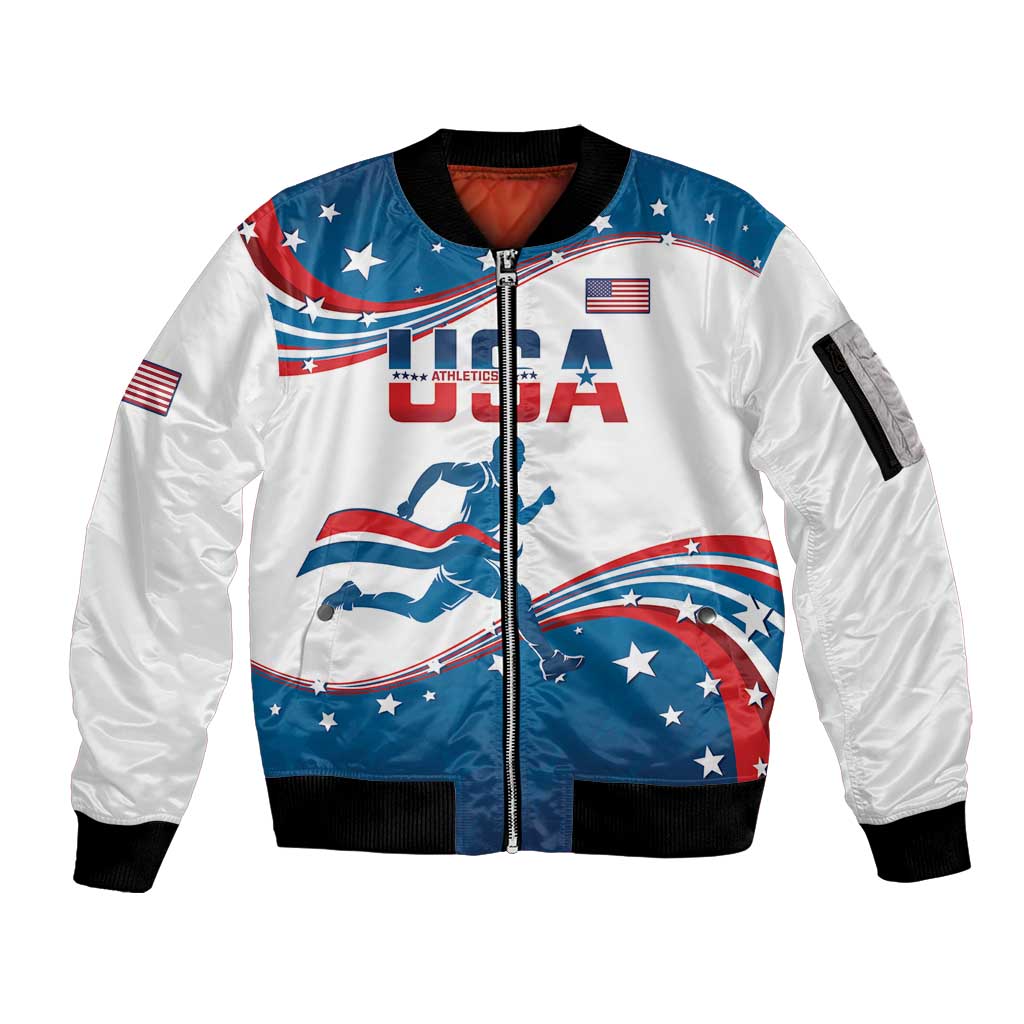 Custom USA Athletics Sleeve Zip Bomber Jacket 2024 United States Flag Curve Style