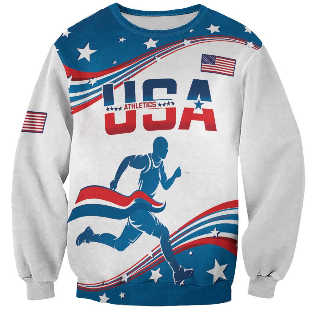Unisex sweatshirt, light gray with USA flag graphic and blue-red sports figures