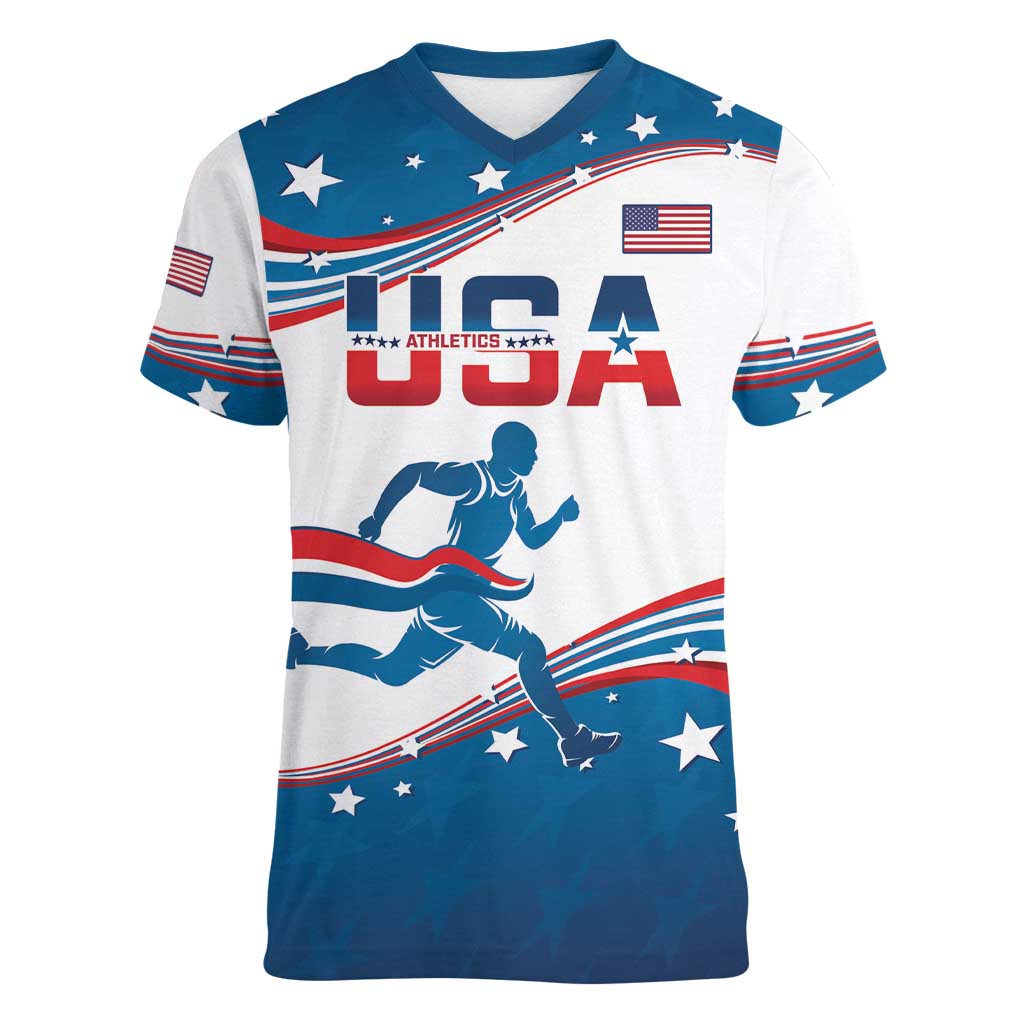 Custom USA Athletics Women V-Neck T-Shirt 2024 United States Flag Curve Style - Wonder Print Shop