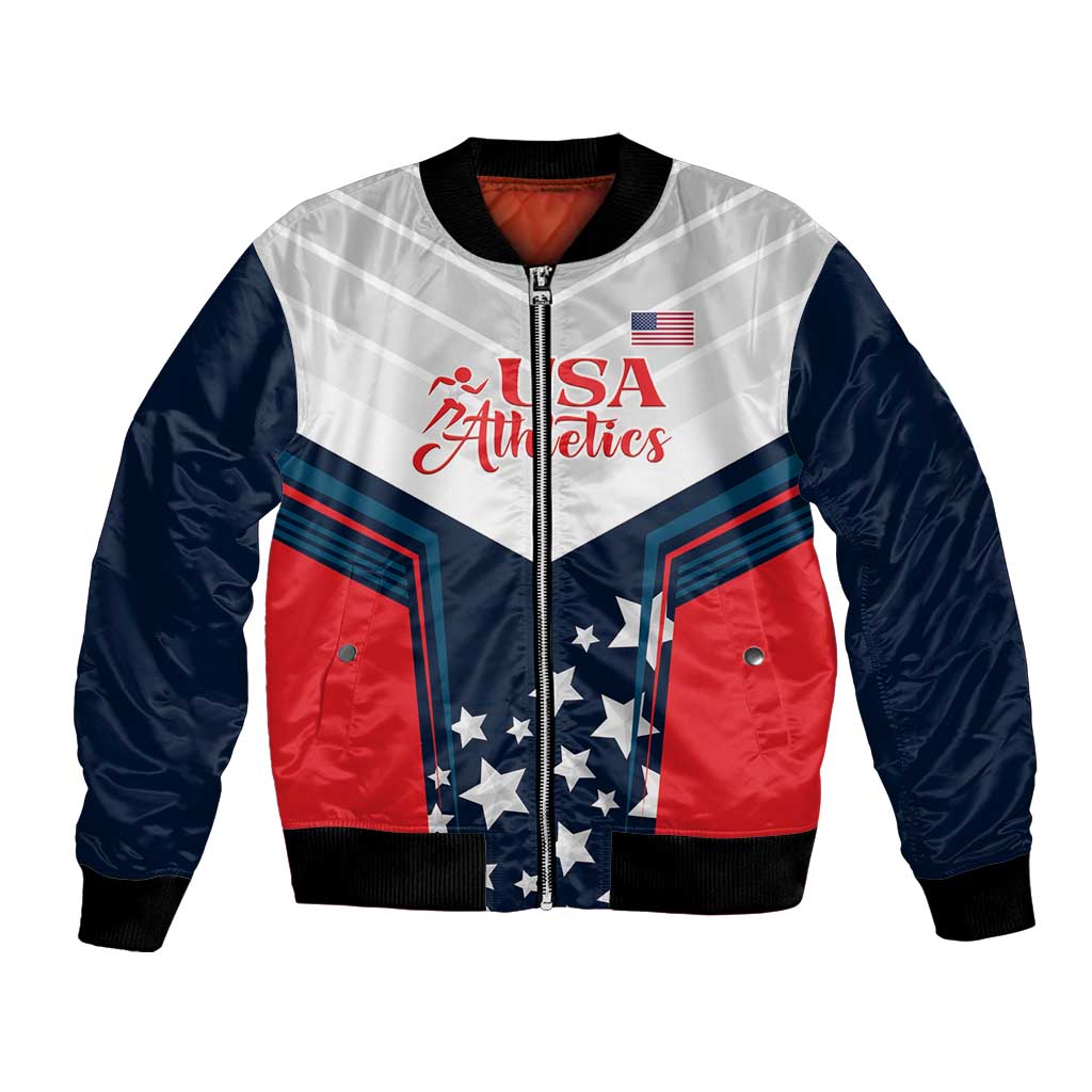 Navy bomber jacket with white USA Athletics logo, red front panels, stars and stripes
