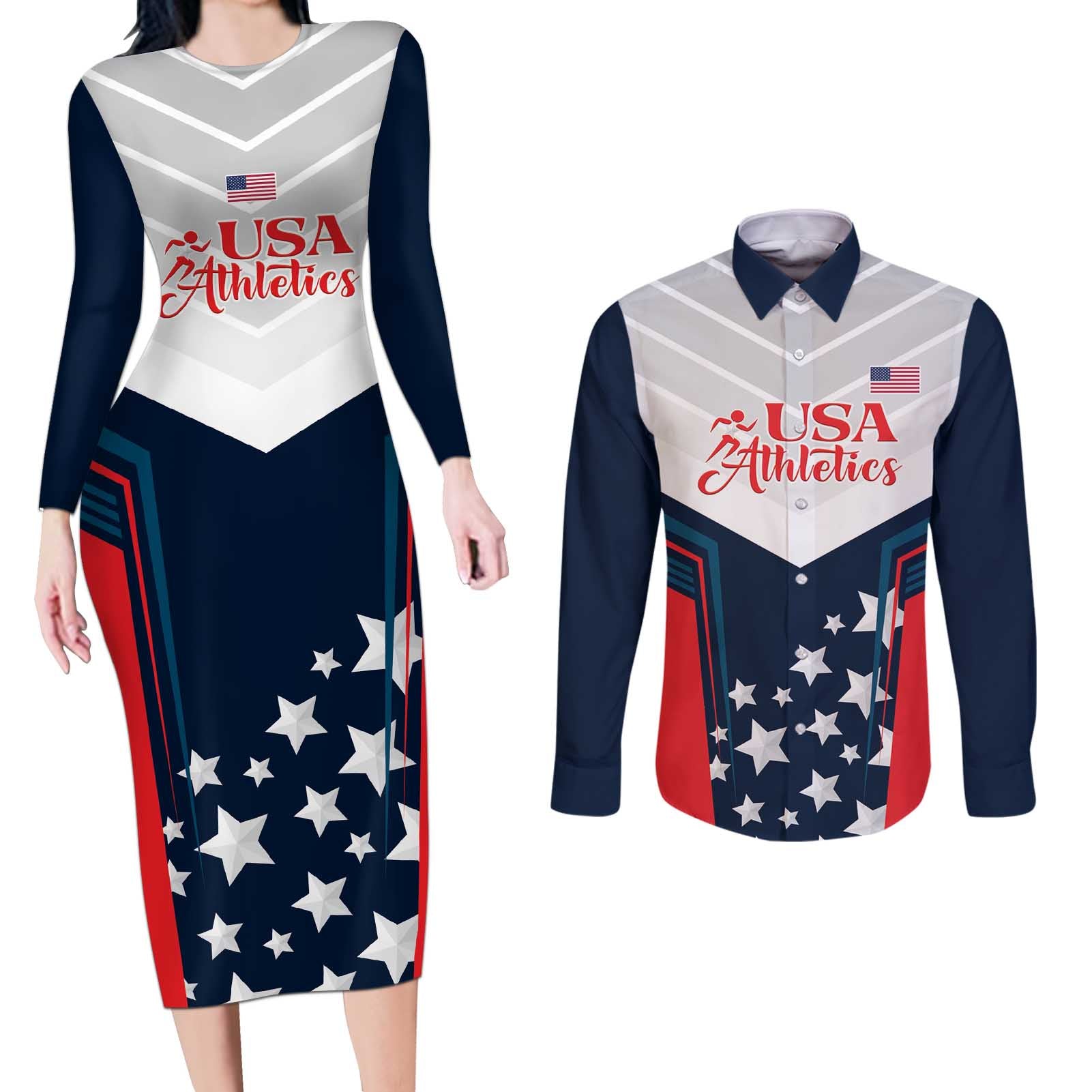 Custom USA Athletics Couples Matching Long Sleeve Bodycon Dress and Long Sleeve Button Shirt 2024 United States Champions Proud - Wonder Print Shop