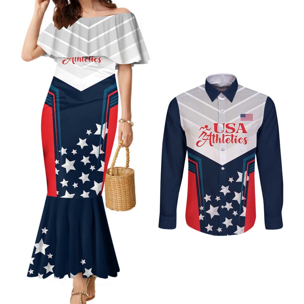 Custom USA Athletics Couples Matching Mermaid Dress and Long Sleeve Button Shirt 2024 United States Champions Proud