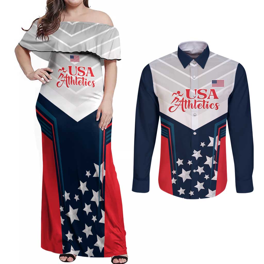 Custom USA Athletics Couples Matching Off Shoulder Maxi Dress and Long Sleeve Button Shirt 2024 United States Champions Proud - Wonder Print Shop