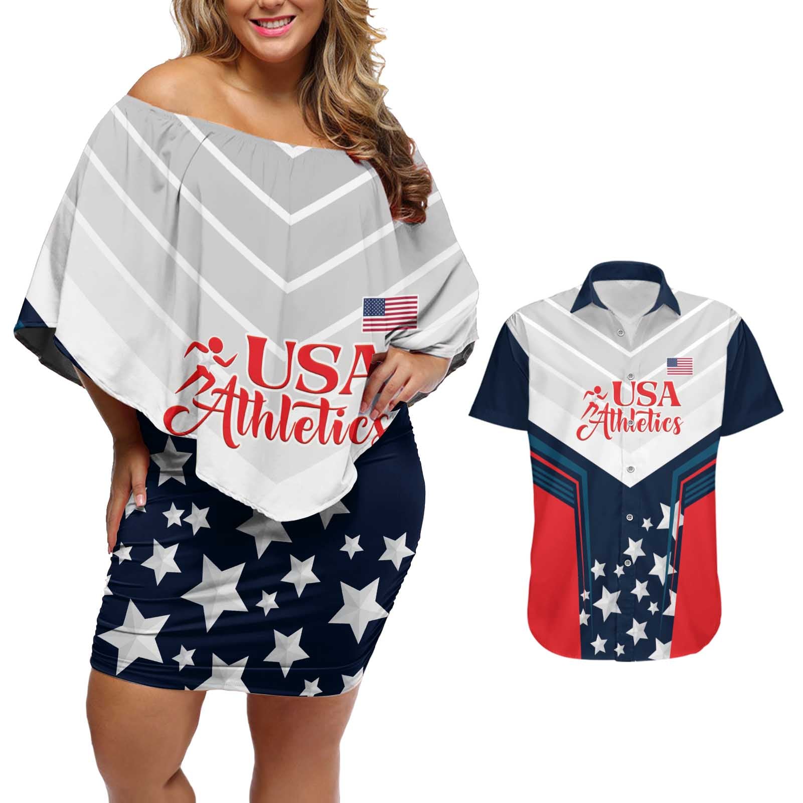 Custom USA Athletics Couples Matching Off Shoulder Short Dress and Hawaiian Shirt 2024 United States Champions Proud - Wonder Print Shop