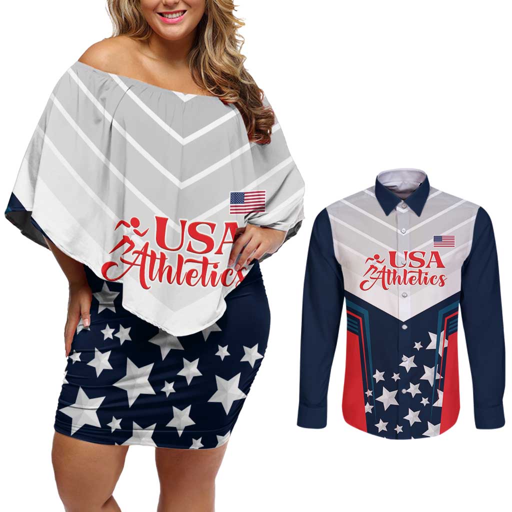 Custom USA Athletics Couples Matching Off Shoulder Short Dress and Long Sleeve Button Shirt 2024 United States Champions Proud - Wonder Print Shop