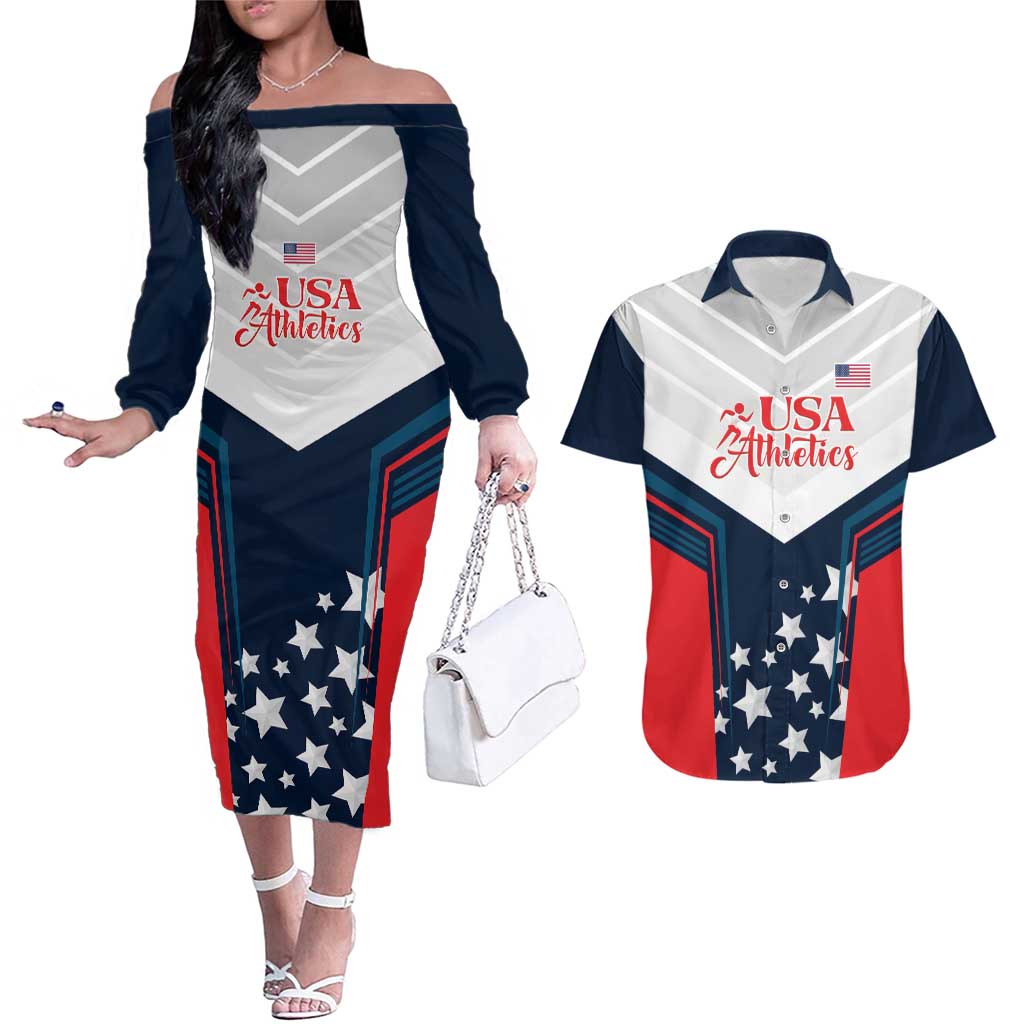 Custom USA Athletics Couples Matching Off The Shoulder Long Sleeve Dress and Hawaiian Shirt 2024 United States Champions Proud - Wonder Print Shop