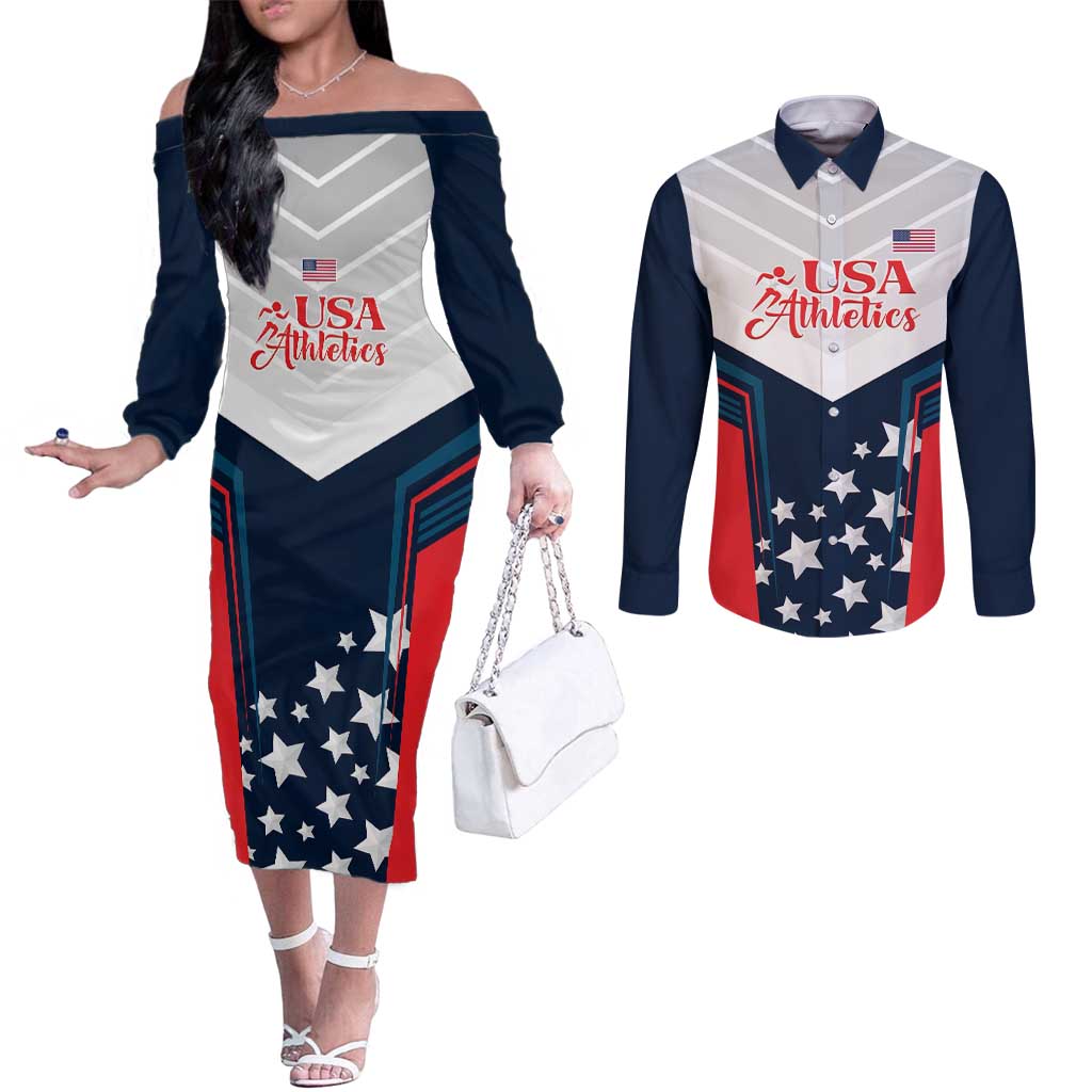 Custom USA Athletics Couples Matching Off The Shoulder Long Sleeve Dress and Long Sleeve Button Shirt 2024 United States Champions Proud