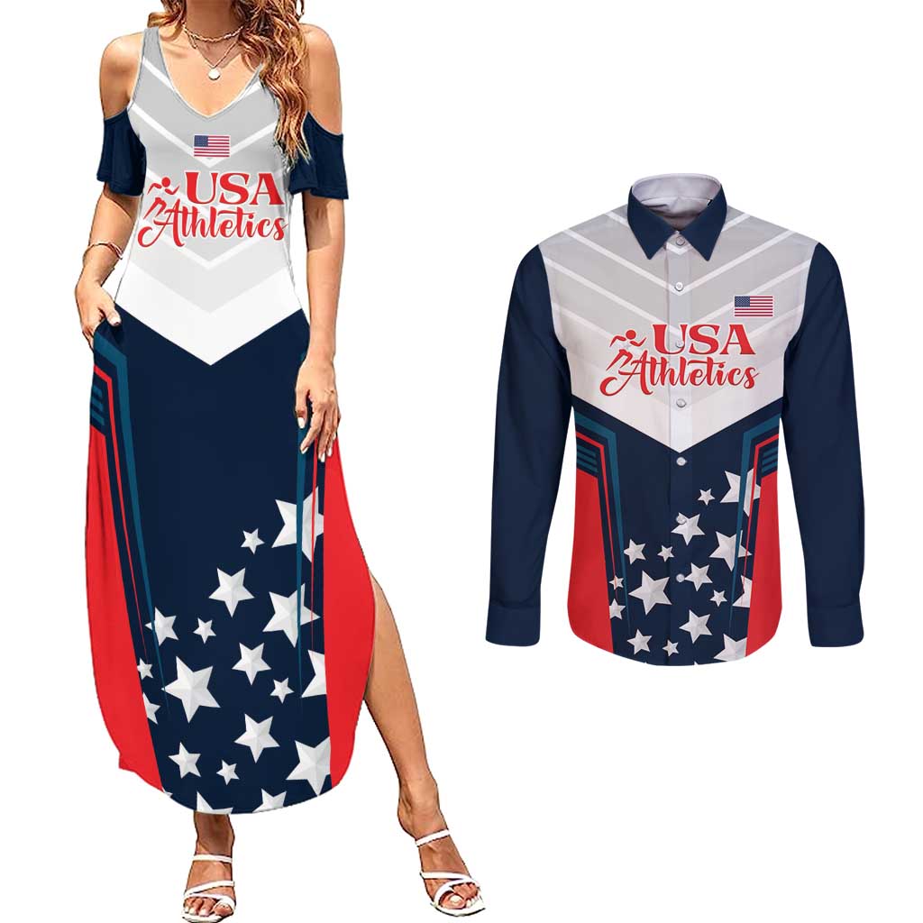 Custom USA Athletics Couples Matching Summer Maxi Dress and Long Sleeve Button Shirt 2024 United States Champions Proud - Wonder Print Shop