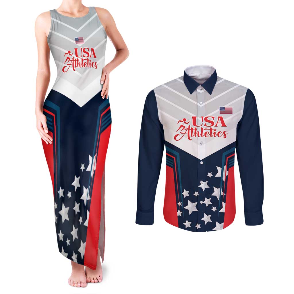 Custom USA Athletics Couples Matching Tank Maxi Dress and Long Sleeve Button Shirt 2024 United States Champions Proud - Wonder Print Shop