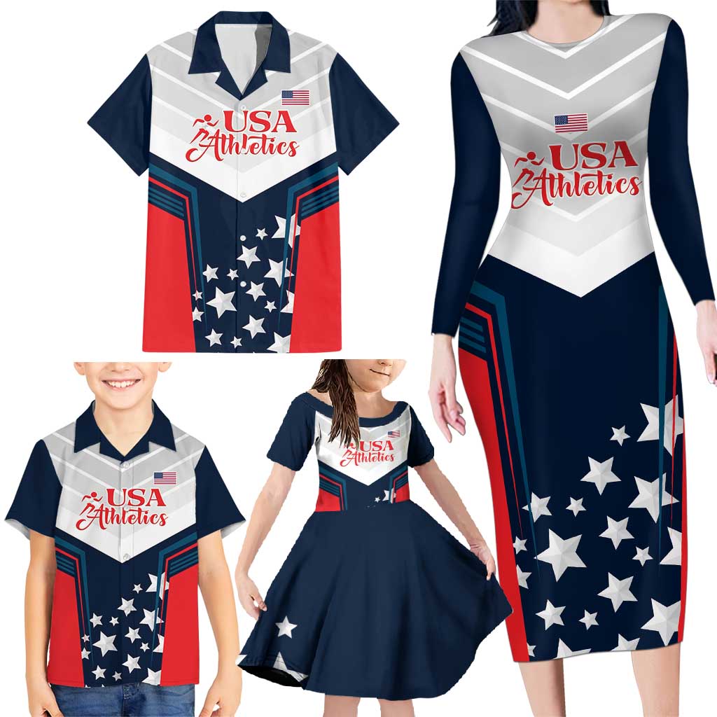 Custom USA Athletics Family Matching Long Sleeve Bodycon Dress and Hawaiian Shirt 2024 United States Champions Proud - Wonder Print Shop