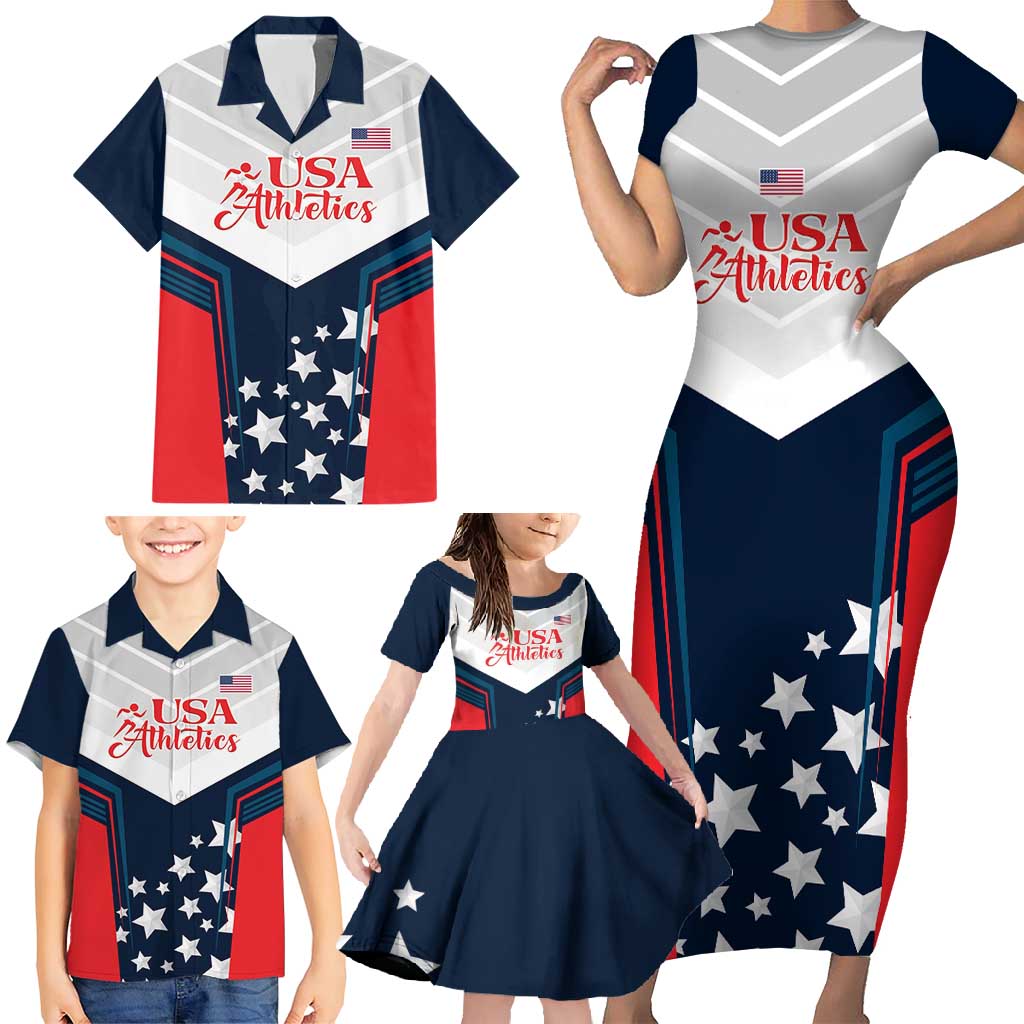 Custom USA Athletics Family Matching Short Sleeve Bodycon Dress and Hawaiian Shirt 2024 United States Champions Proud - Wonder Print Shop