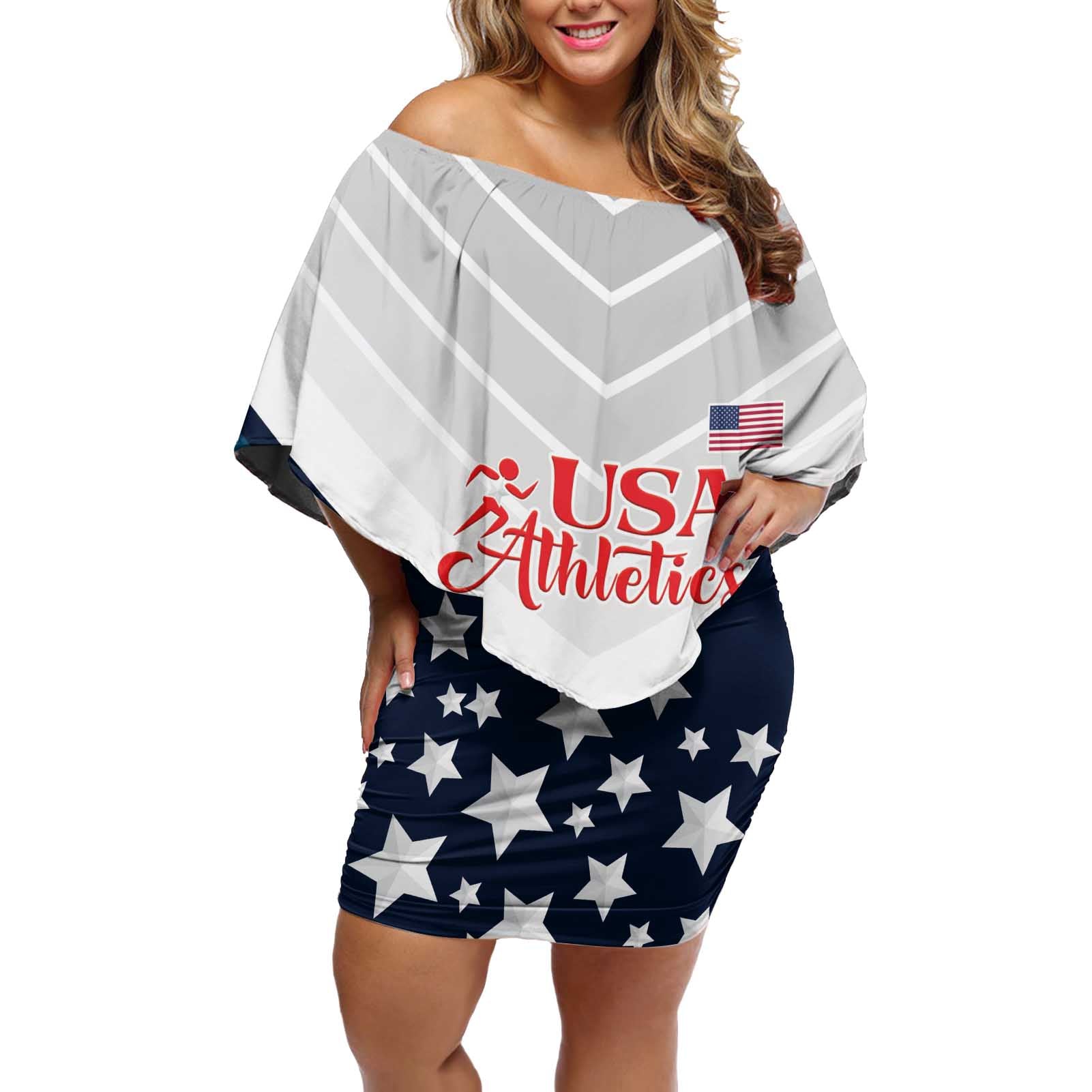 Custom USA Athletics Off Shoulder Short Dress 2024 United States Champions Proud - Wonder Print Shop