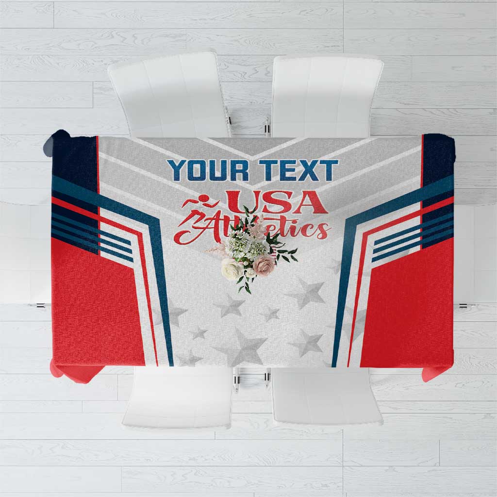 USA-themed tablecloth with centered USA Athletics text and red/blue striped panels