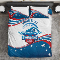 Personalized USA swimming bedding set with blue star wave graphic and “Swimming USA” logo