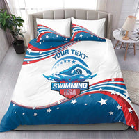 Personalized swimming duvet set featuring blue stars, red white ribbons, and “Swimming USA”