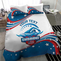 Personalized USA swimming duvet set with “Your Text” banner, dolphin graphic, and star pattern