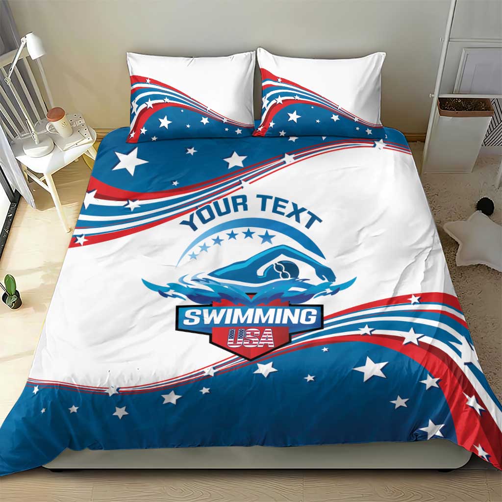 Personalized swimming duvet set with “Your Text” across blue star ribbons and “Swimming USA”