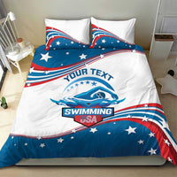 Personalized swimming duvet set with “Your Text” across blue star ribbons and “Swimming USA”