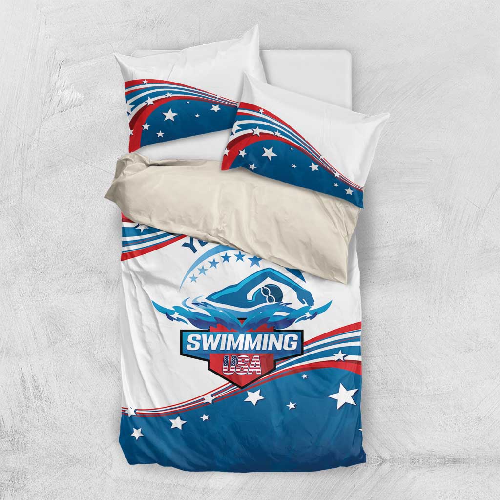 Personalized USA swimming bedding set with blue star waves, “Swimming” emblem, and “USA”