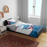 Personalized swimming bedding set with blue dolphin illustration, “Your Text,” and “Swimming USA”