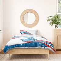 Personalized swimming bedding set with blue dolphin artwork, “Swimming USA” emblem, and stars