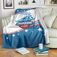 Personalized swimming blanket, blue-and-white with star stripes and “SWIMMING” graphic