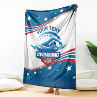 Personalized swimming blanket, blue-and-white with “YOUR TEXT” banner and swimmer emblem