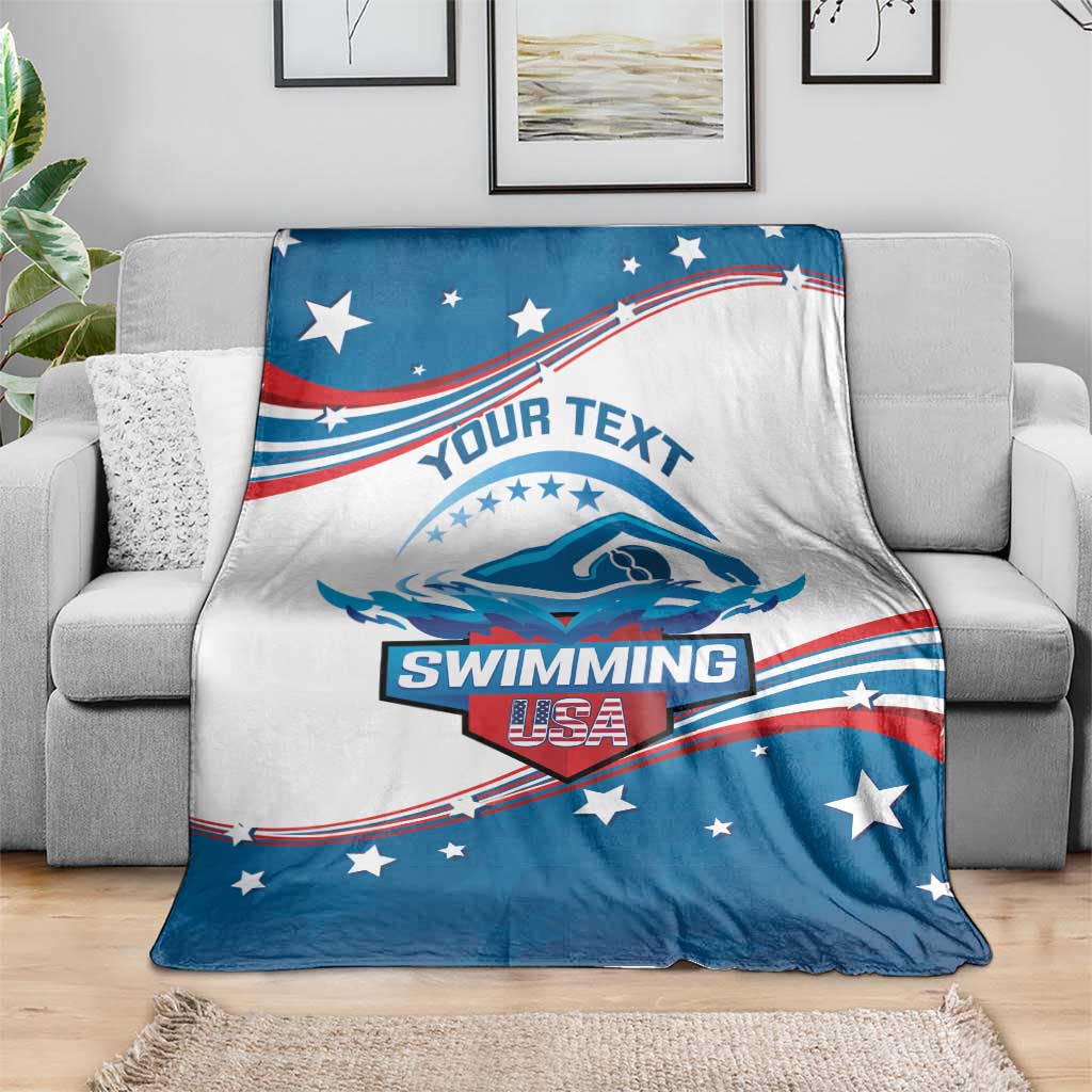 Personalized swimming blanket, blue-and-white with “SWIMMING” logo and star accents