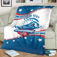 Personalized swimming blanket, blue lower half with “YOUR TEXT” and swimmer icon