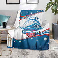 Personalized swimming blanket, blue-and-white with “SWIMMING” badge and scattered stars
