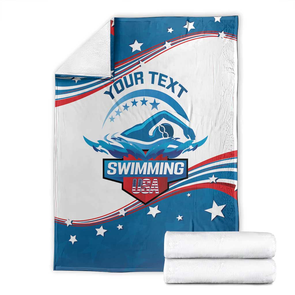 Personalized swimming blanket, folded blue-and-white with “YOUR TEXT” swim design