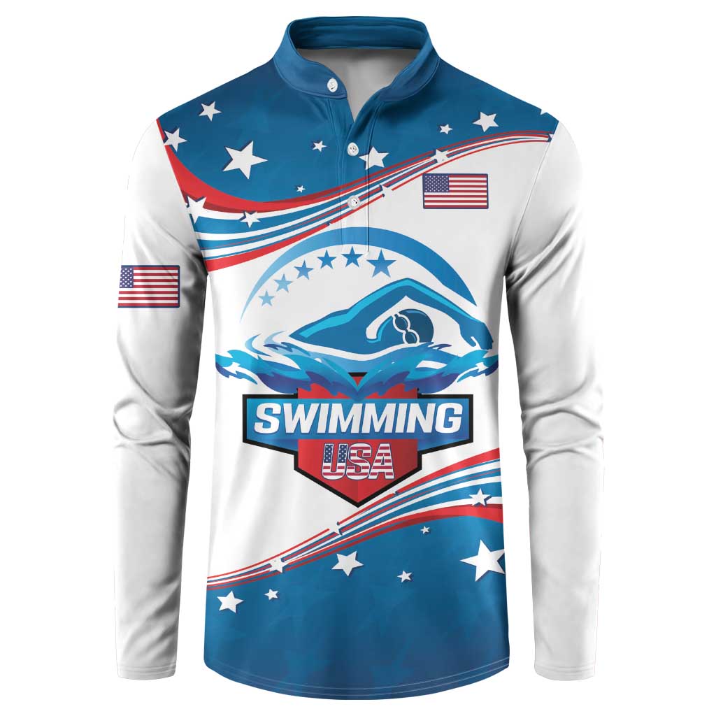 Blue and white long-sleeve button sweatshirt with USA Swimming graphic and stars