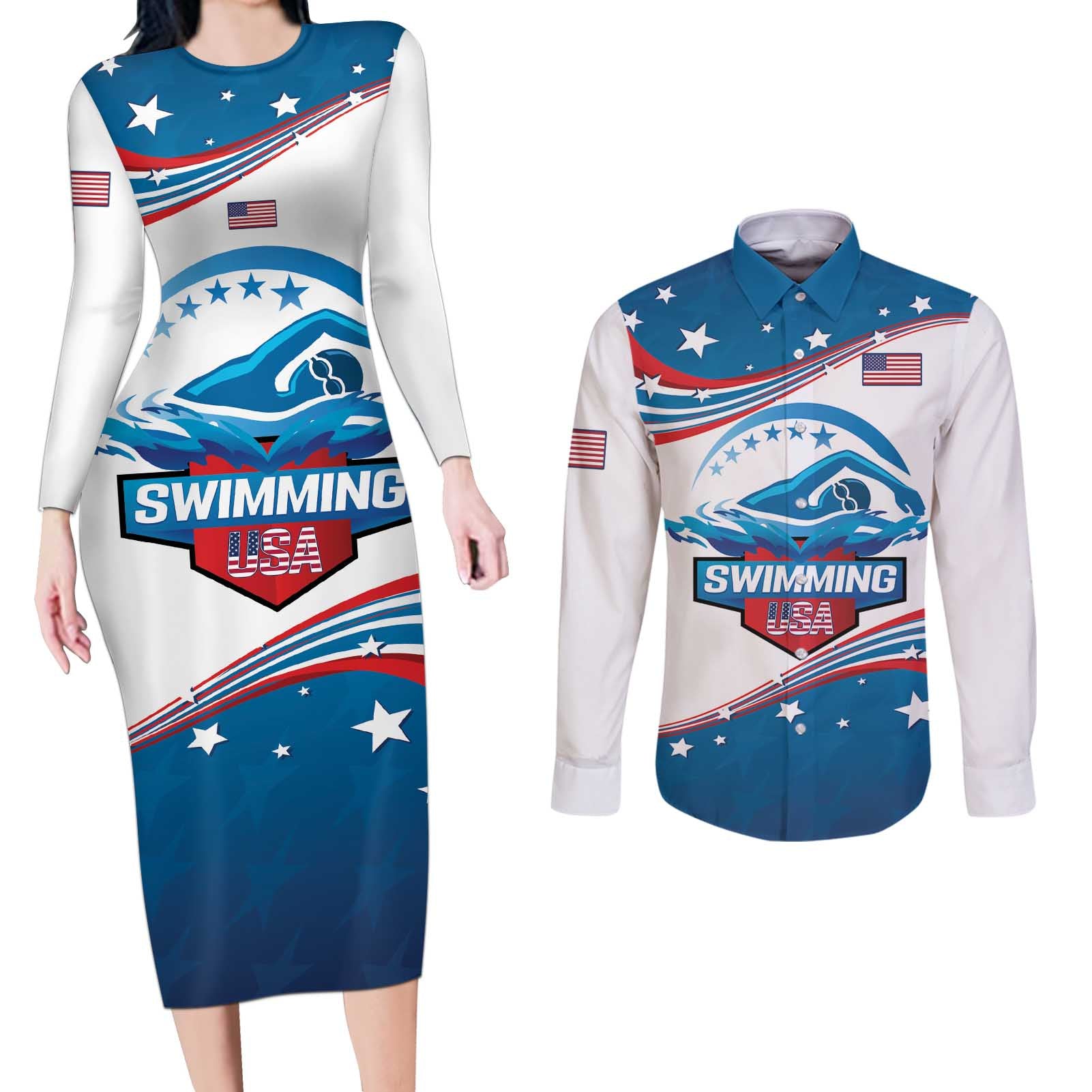 Personalized USA Swimming Couples Matching Long Sleeve Bodycon Dress and Long Sleeve Button Shirt 2024 We Are The Champions - Wonder Print Shop