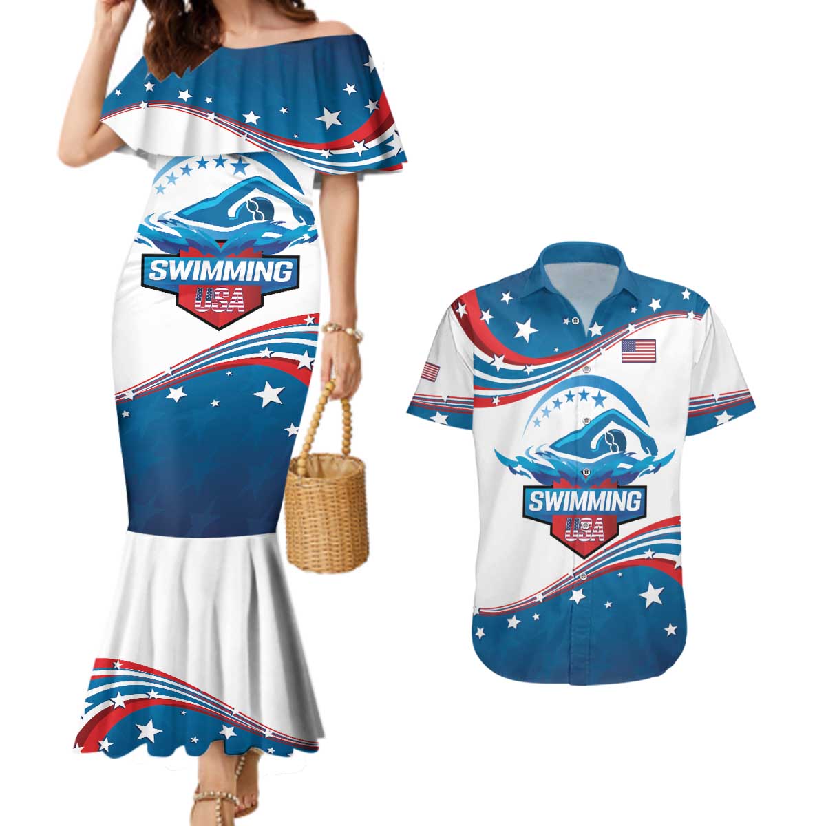 Personalized USA Swimming Couples Matching Mermaid Dress and Hawaiian Shirt 2024 We Are The Champions - Wonder Print Shop