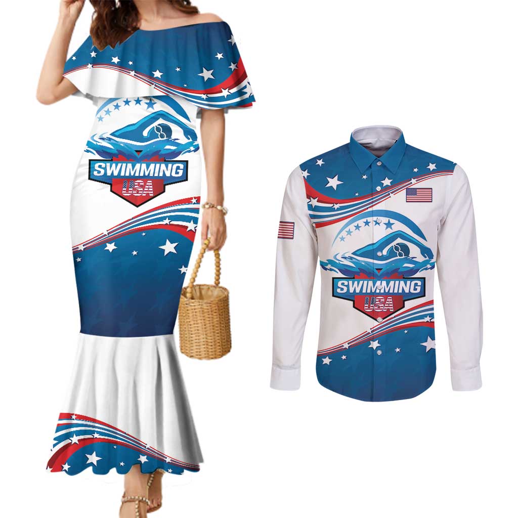 Personalized USA Swimming Couples Matching Mermaid Dress and Long Sleeve Button Shirt 2024 We Are The Champions