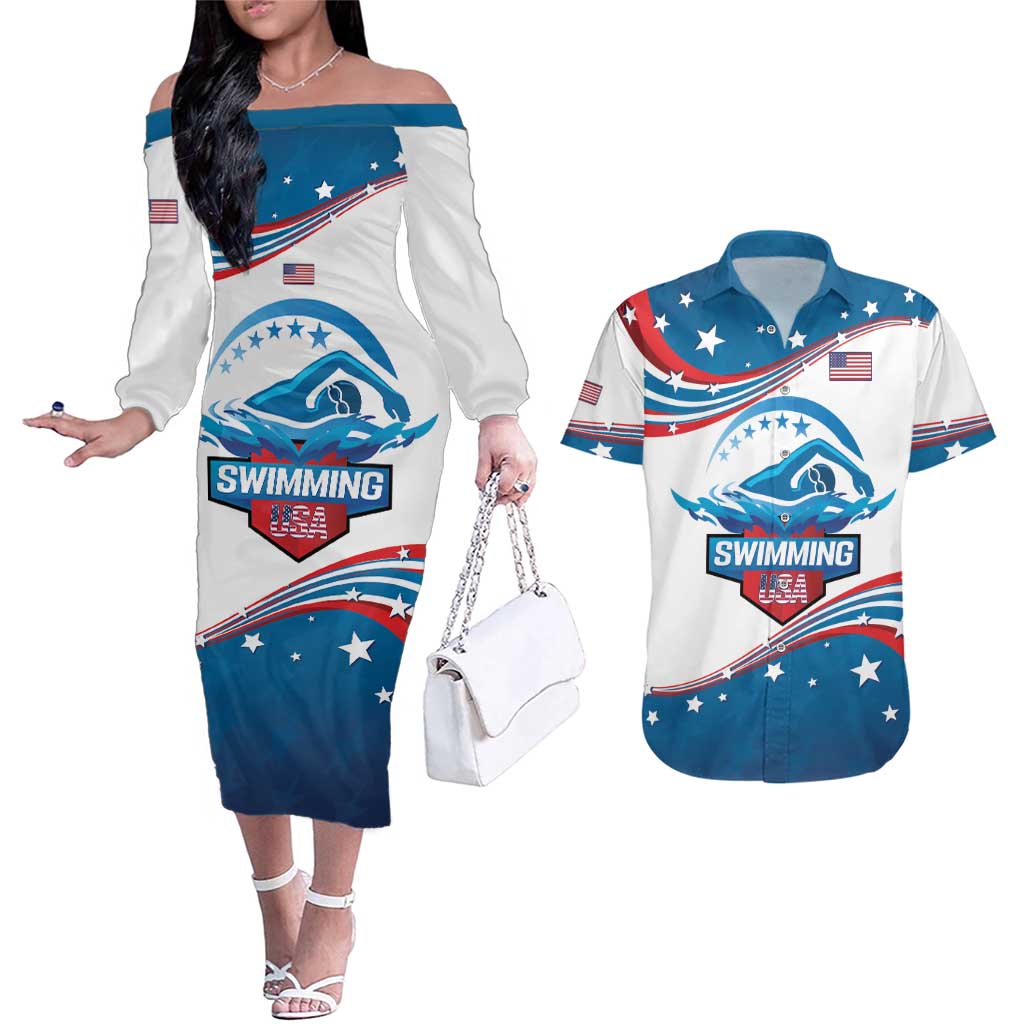 Personalized USA Swimming Couples Matching Off The Shoulder Long Sleeve Dress and Hawaiian Shirt 2024 We Are The Champions - Wonder Print Shop