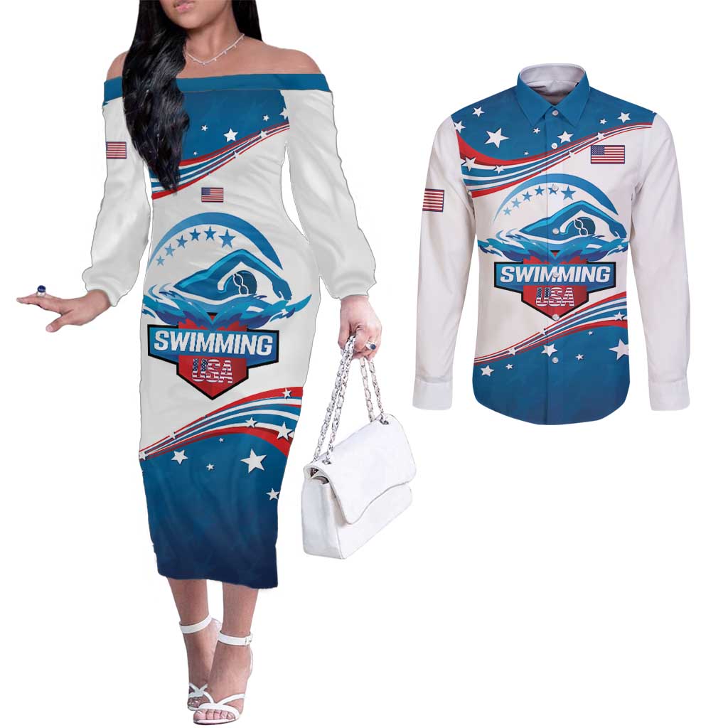 Personalized USA Swimming Couples Matching Off The Shoulder Long Sleeve Dress and Long Sleeve Button Shirt 2024 We Are The Champions