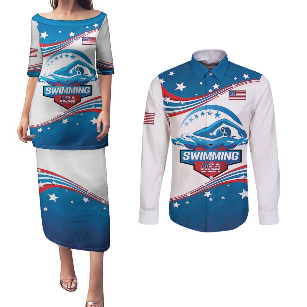 Personalized USA Swimming Couples Matching Puletasi and Long Sleeve Button Shirt 2024 We Are The Champions - Wonder Print Shop