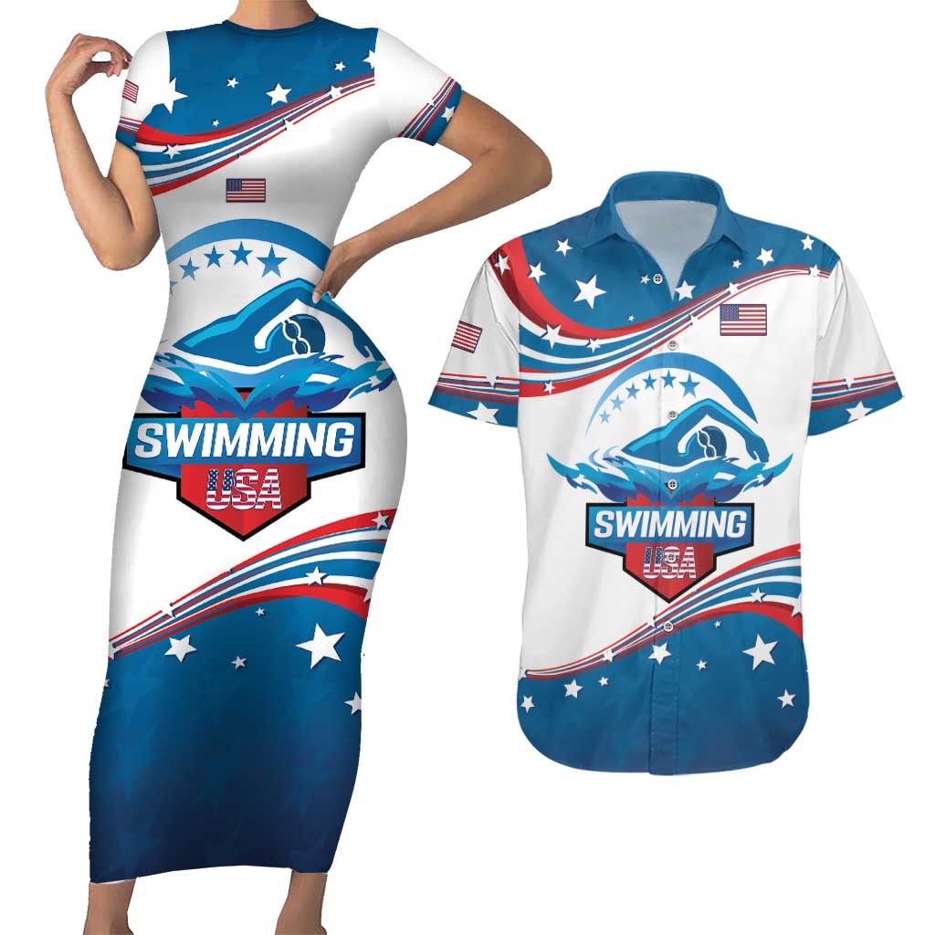 Personalized USA Swimming Couples Matching Short Sleeve Bodycon Dress and Hawaiian Shirt 2024 We Are The Champions - Wonder Print Shop