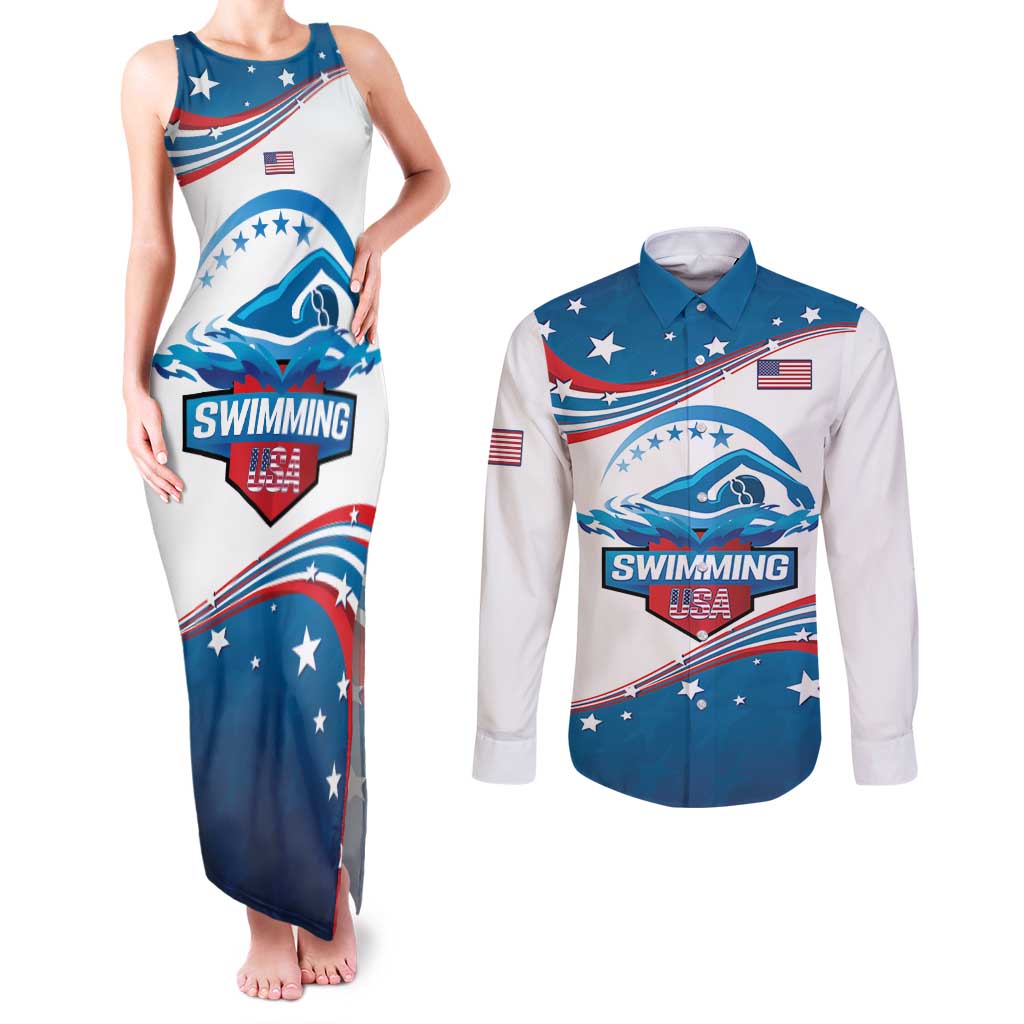 Personalized USA Swimming Couples Matching Tank Maxi Dress and Long Sleeve Button Shirt 2024 We Are The Champions - Wonder Print Shop