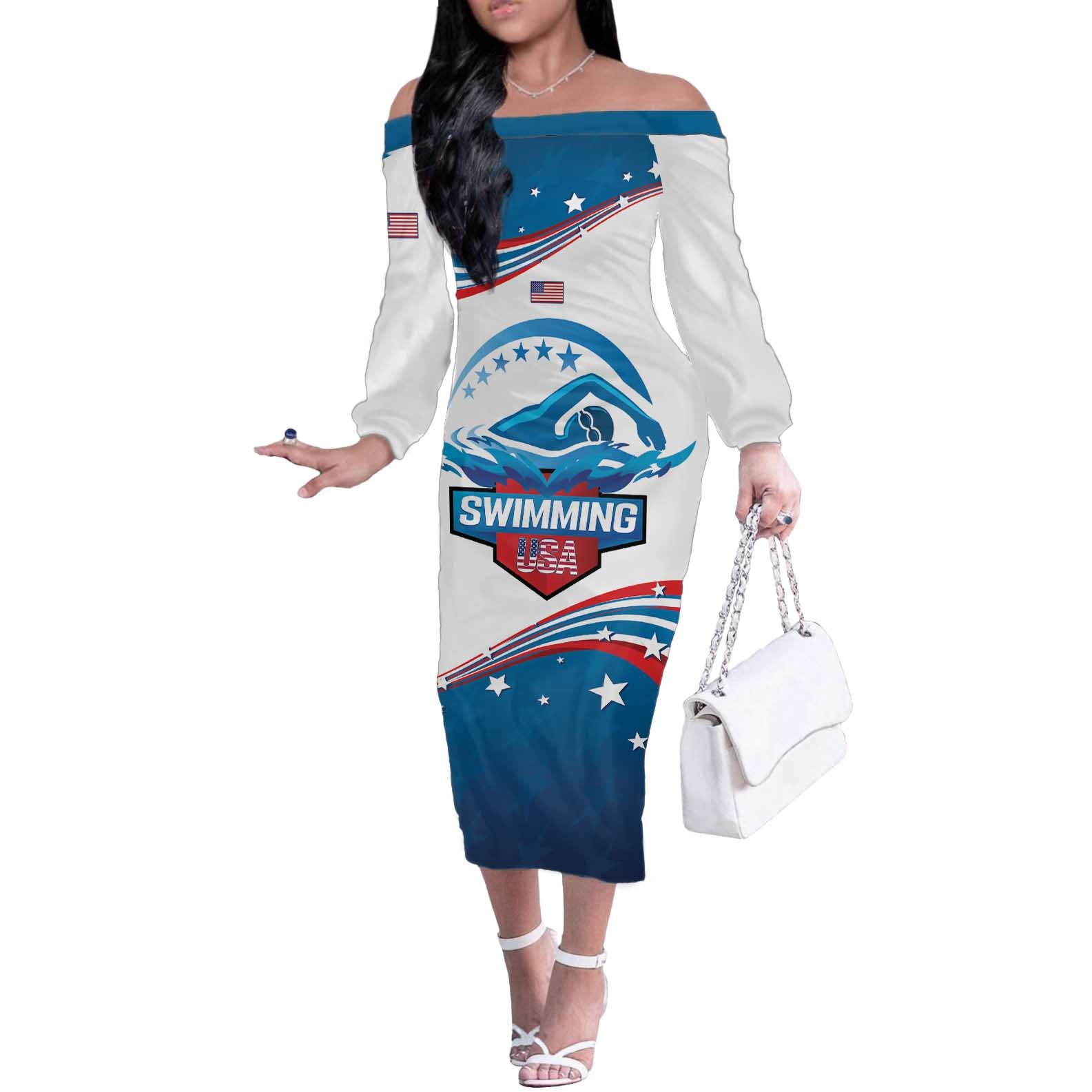 Personalized USA Swimming Off The Shoulder Long Sleeve Dress 2024 We Are The Champions - Wonder Print Shop