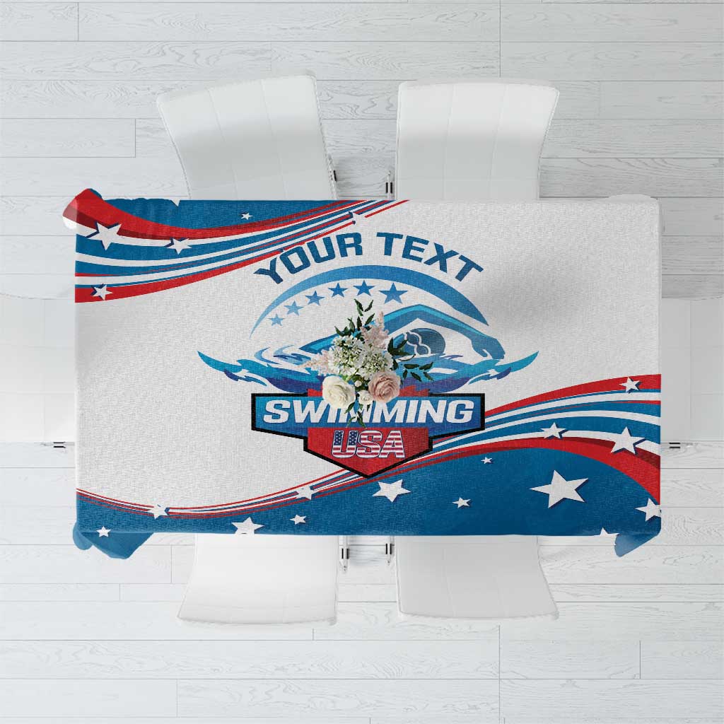 Personalized tablecloth with 'YOUR TEXT' and 'SWIMMING USA' emblem in red and white