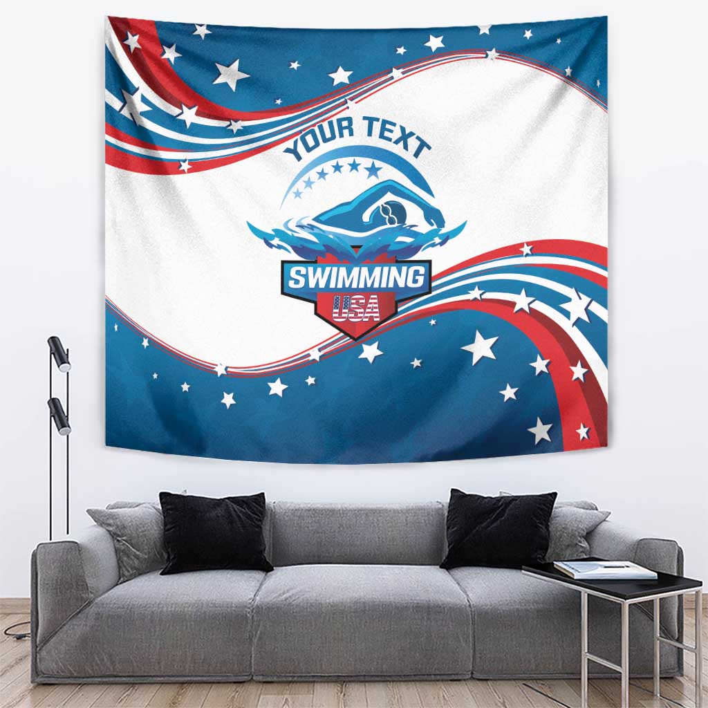 Swimming-themed rectangular wall tapestry with swimmer logo, YOUR TEXT, SWIMMING, and stars
