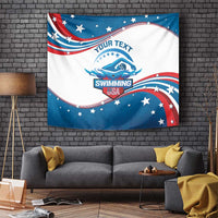 Rectangular swimming-themed wall tapestry with swimmer graphic, stars, and your text