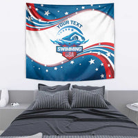 Swimming wall tapestry with swimmer logo, YOUR TEXT, SWIMMING, and star accents